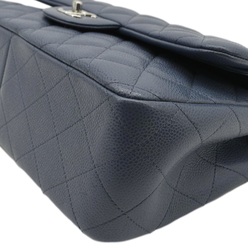 Chanel Classic Jumbo Double Flap Quilted Caviar Leather Shoulder Bag Blue
