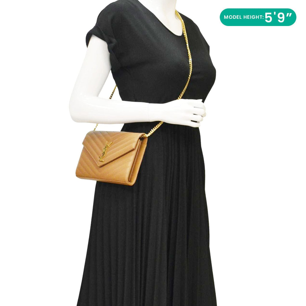 YVES SAINT LAURENT Cassandre Leather Chain Crossbody Bag Brown