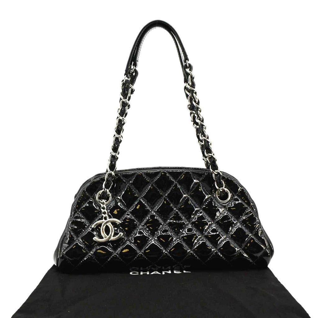 Chanel Just Mademoiselle Bowling Small Quilted Patent Leather Shoulder Bag Black