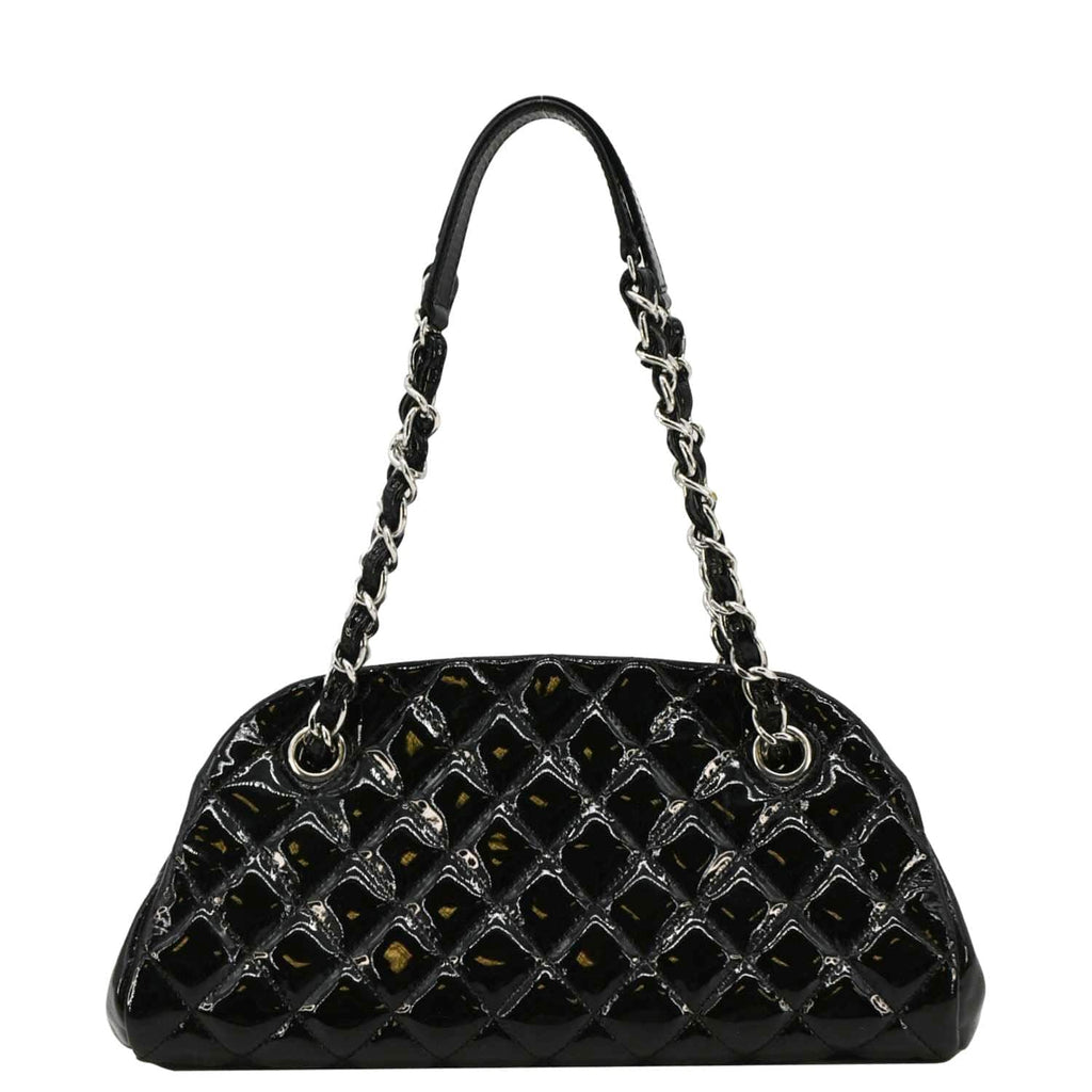Chanel Just Mademoiselle Bowling Small Quilted Patent Leather Shoulder Bag Black
