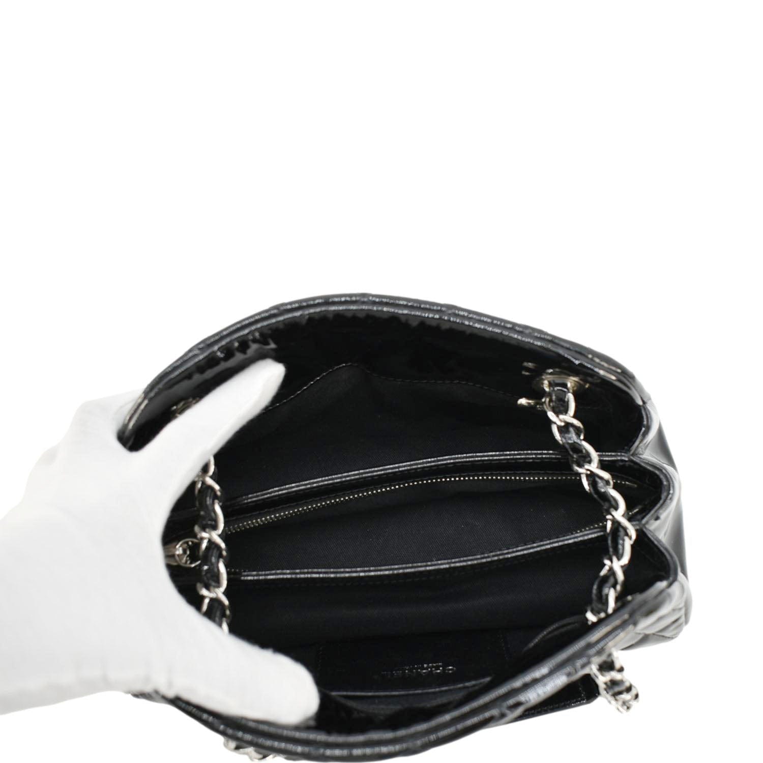 Chanel Just Mademoiselle Bowling Small Quilted Patent Leather Shoulder Bag Black