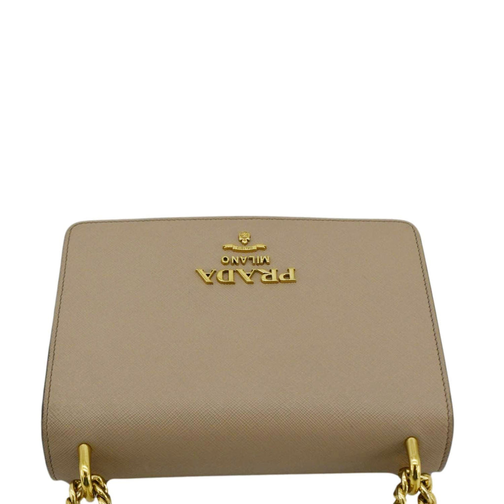 PRADA Soft Saffiano Leather Chain Crossbody Bag Beige