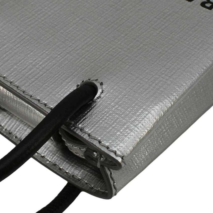 BALENCIAGA Metallic Logo Leather Shopping Phone Holder Silver