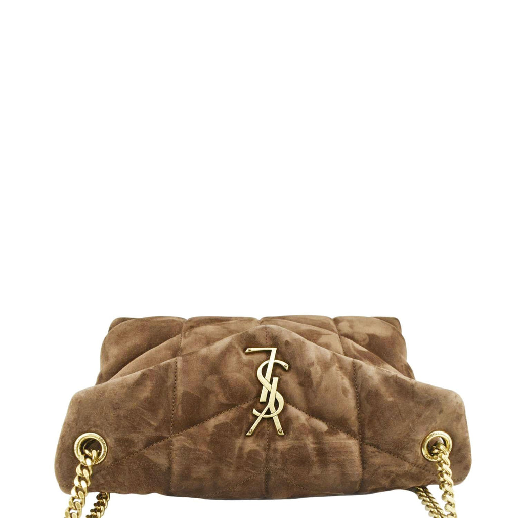 YVES SAINT LAURENT Loulou Puffer Quilted Suede Chain Shoulder Bag Brown