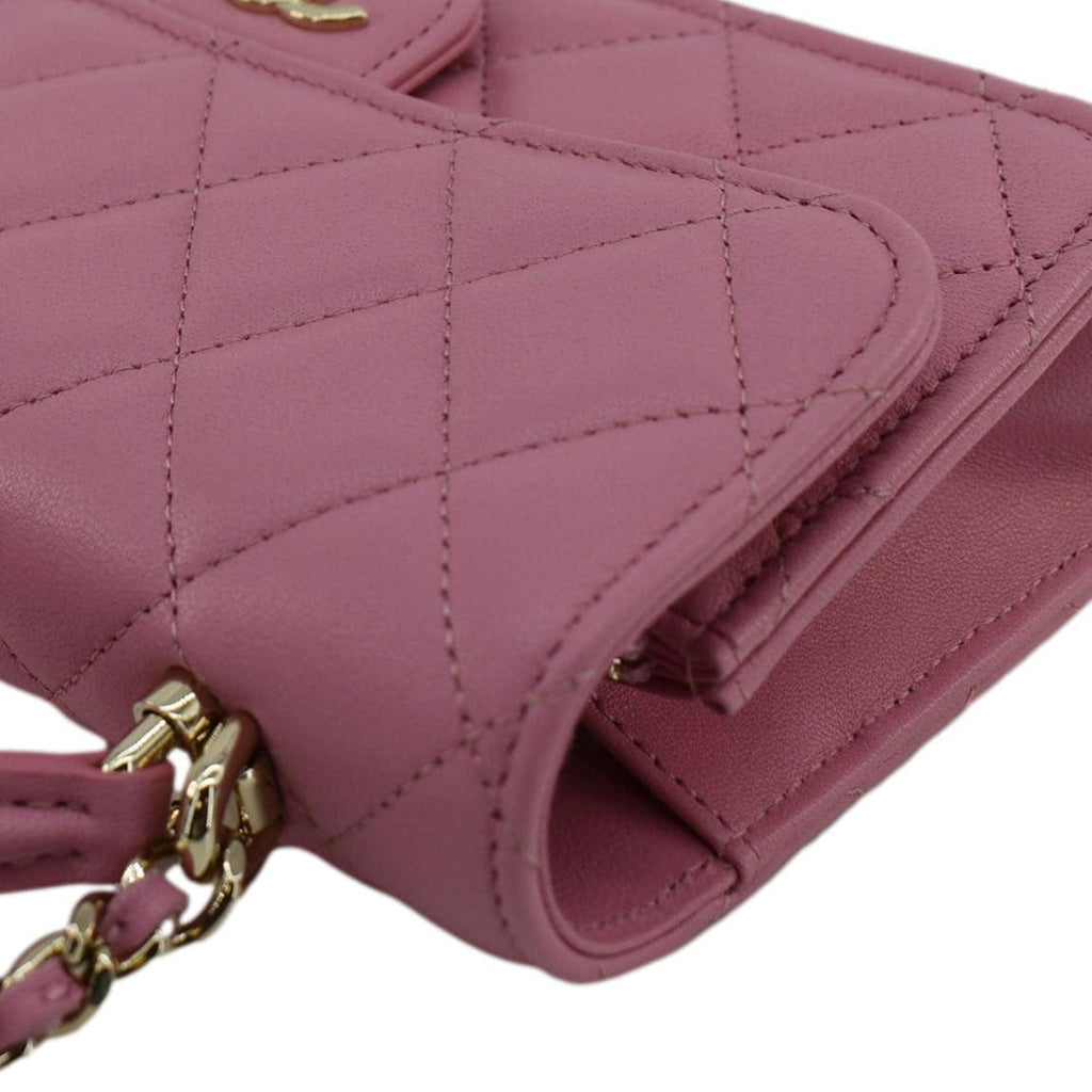 Chanel Flap Phone Holder Quilted Leather Chain Crossbody Bag Pink