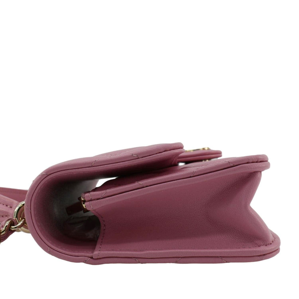 Chanel Flap Phone Holder Quilted Leather Chain Crossbody Bag Pink