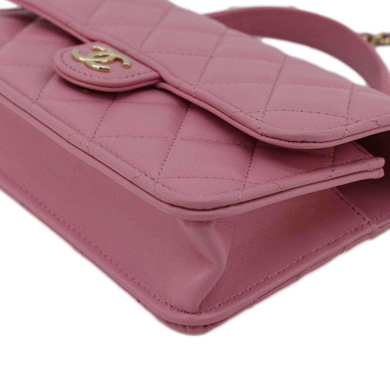 Chanel Flap Phone Holder Quilted Leather Chain Crossbody Bag Pink