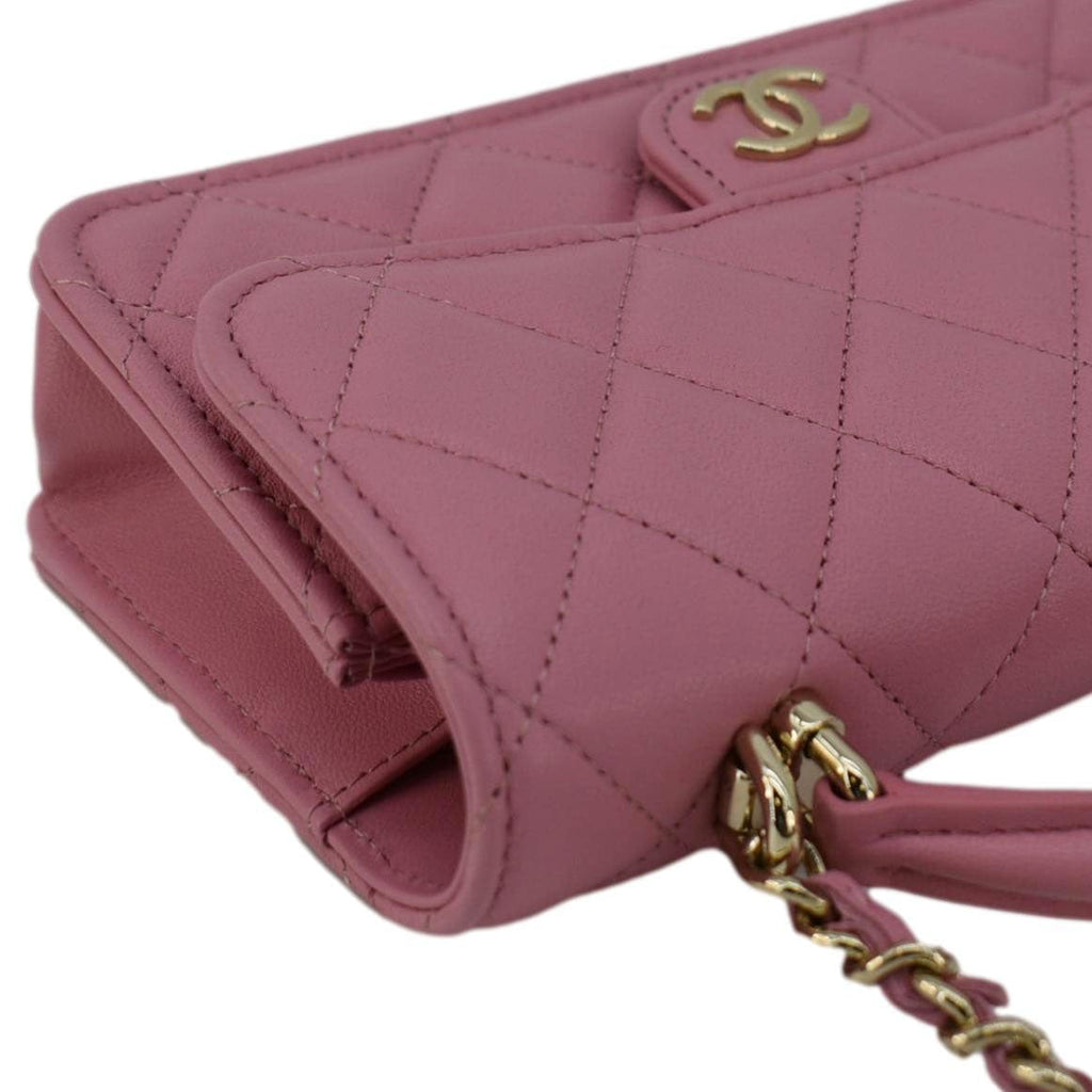 Chanel Flap Phone Holder Quilted Leather Chain Crossbody Bag Pink