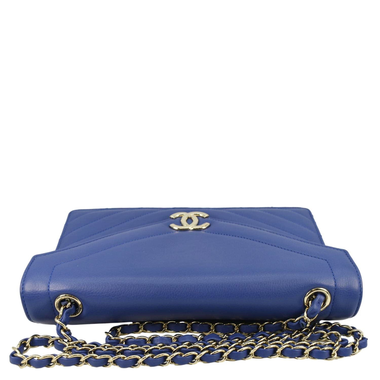 Chanel Coco Envelope Flap Quilted Chevron Leather Crossbody Bag Blue