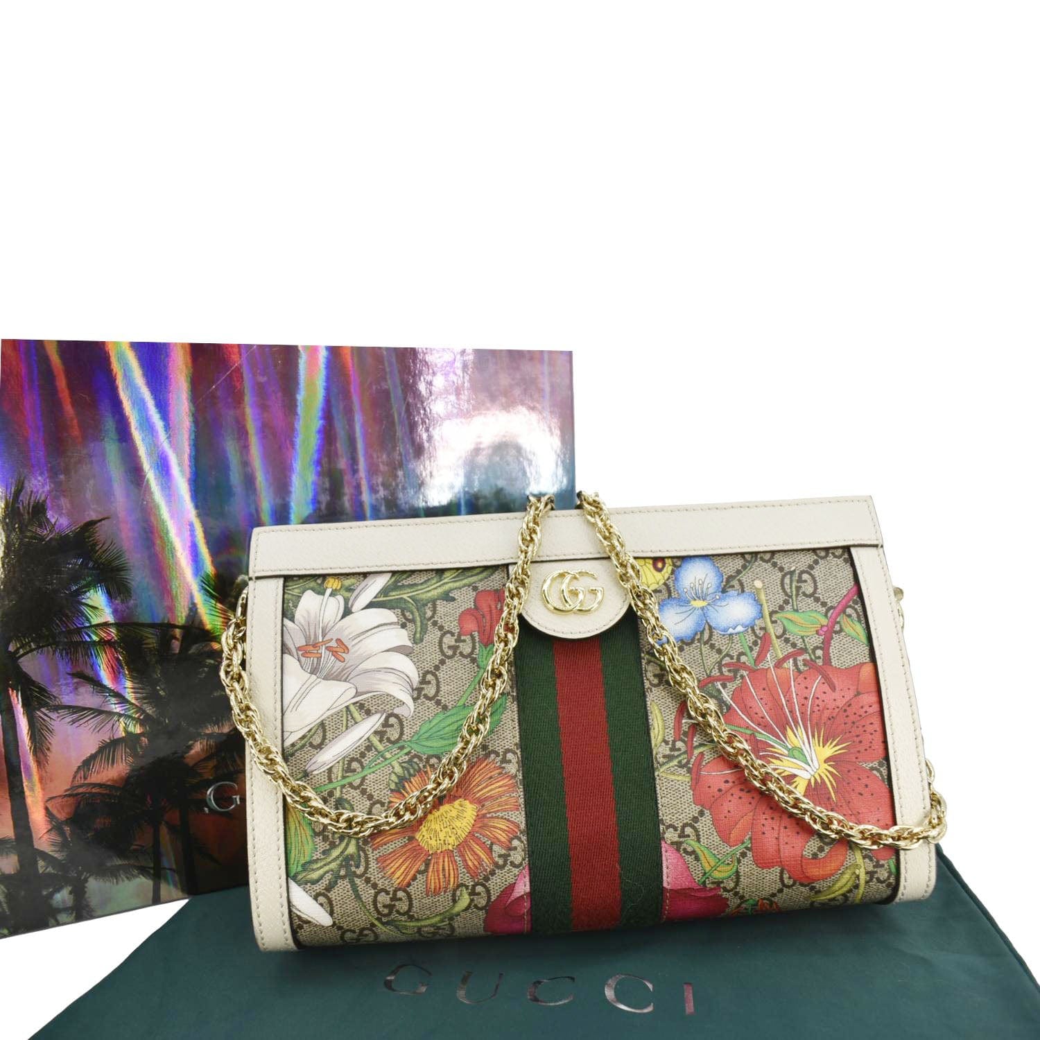 GUCCI Ophidia Web Small Gucci Floral Canvas Chain Shoulder Bag Beige 503877