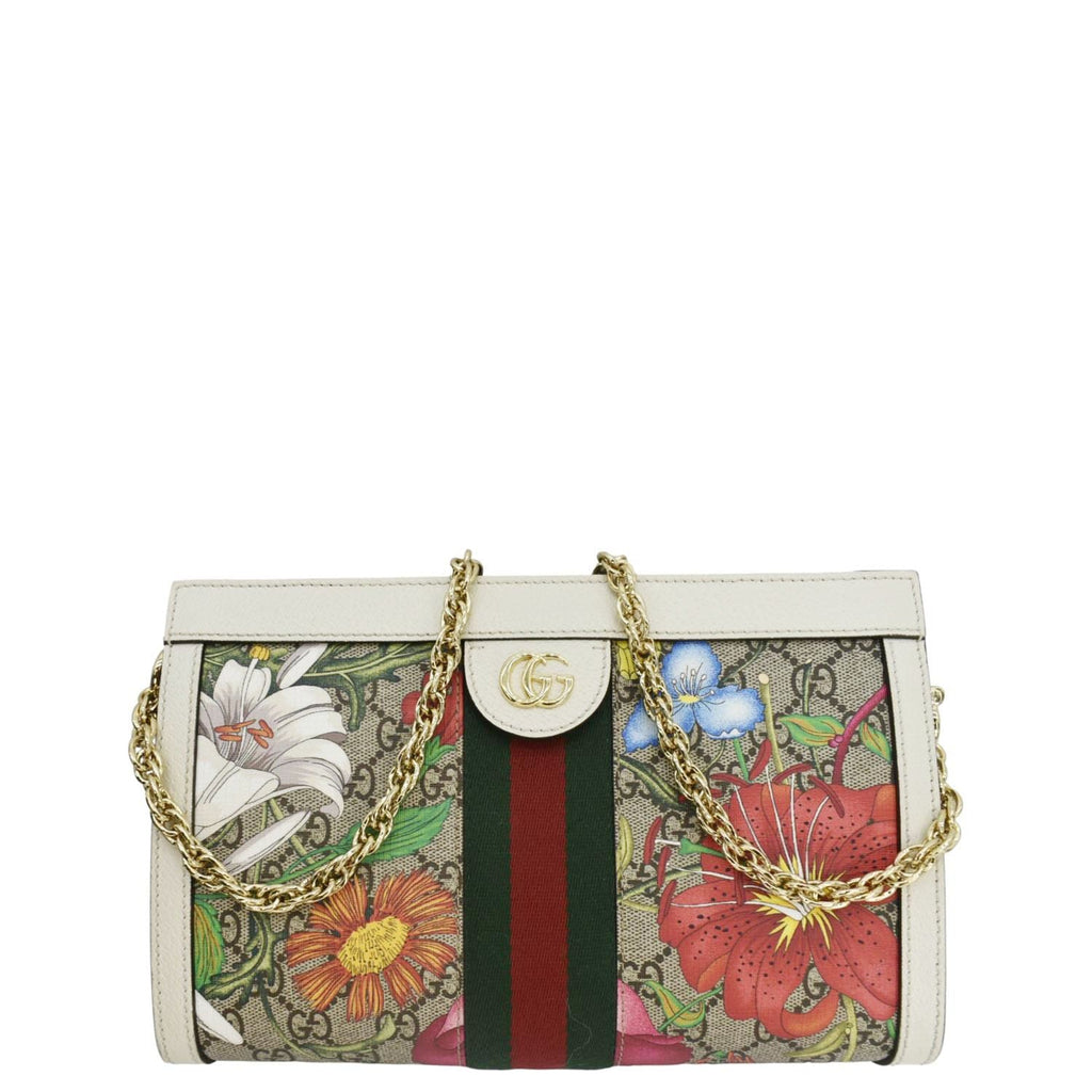 GUCCI Ophidia Web Small Gucci Floral Canvas Chain Shoulder Bag Beige 503877