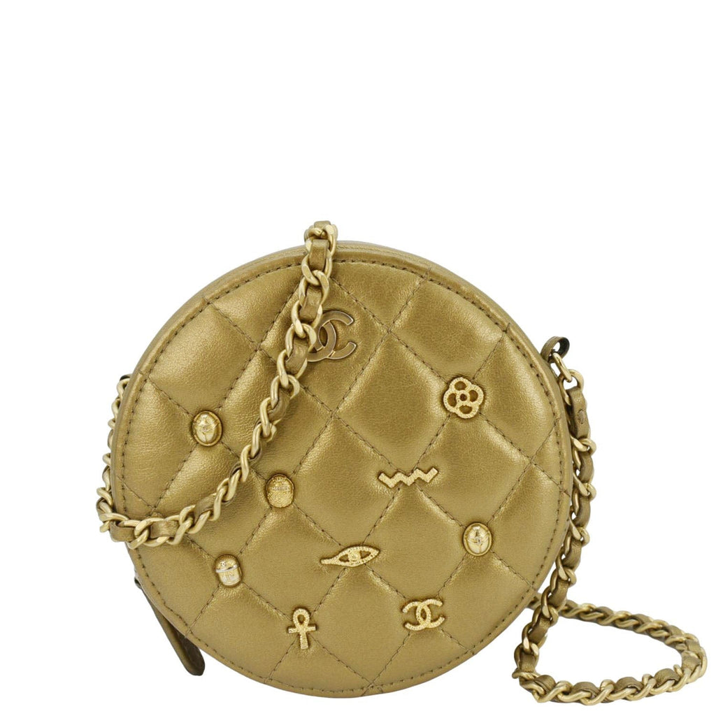Chanel Egyptian Amulet Round Quilted Metallic Lambskin Chain Clutch Crossbody Bag Gold