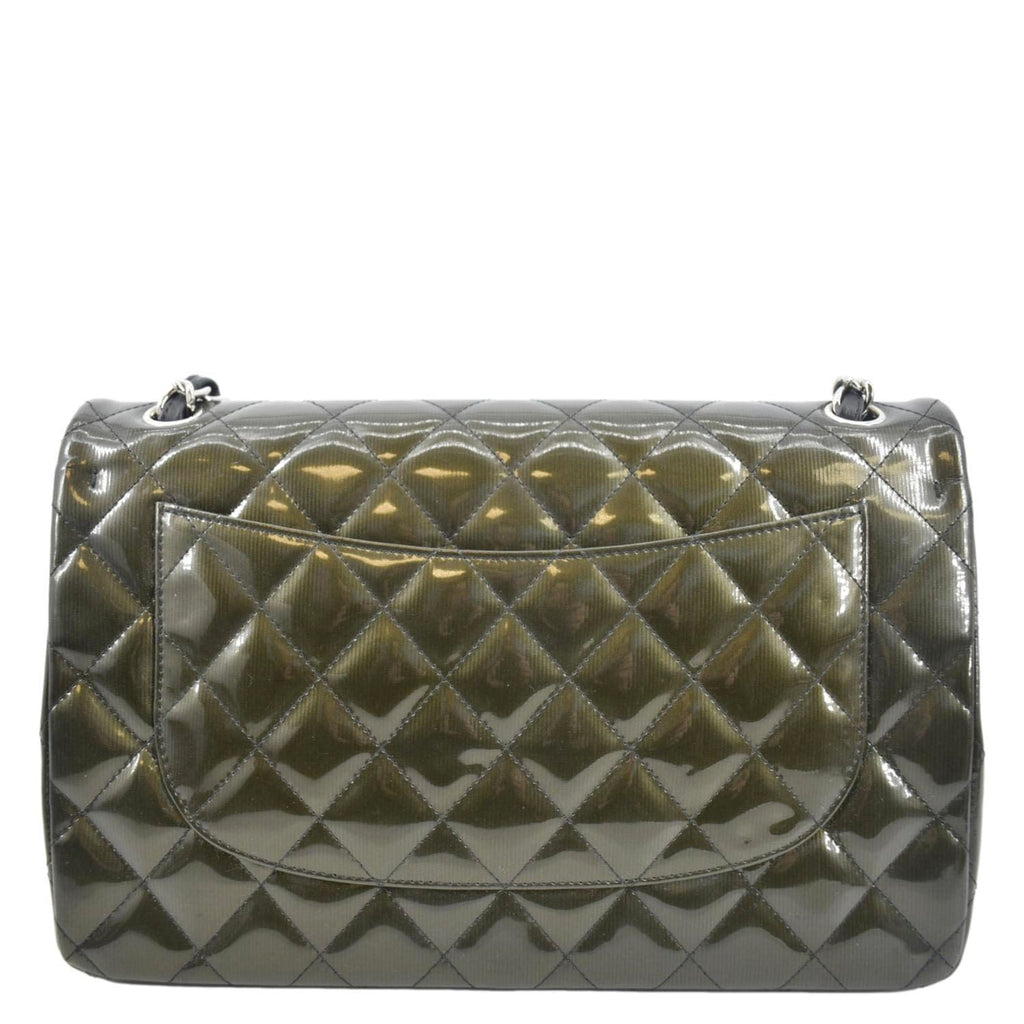 Chanel Jumbo Flap Striated Quilted Patent Leather Shoulder Bag Green