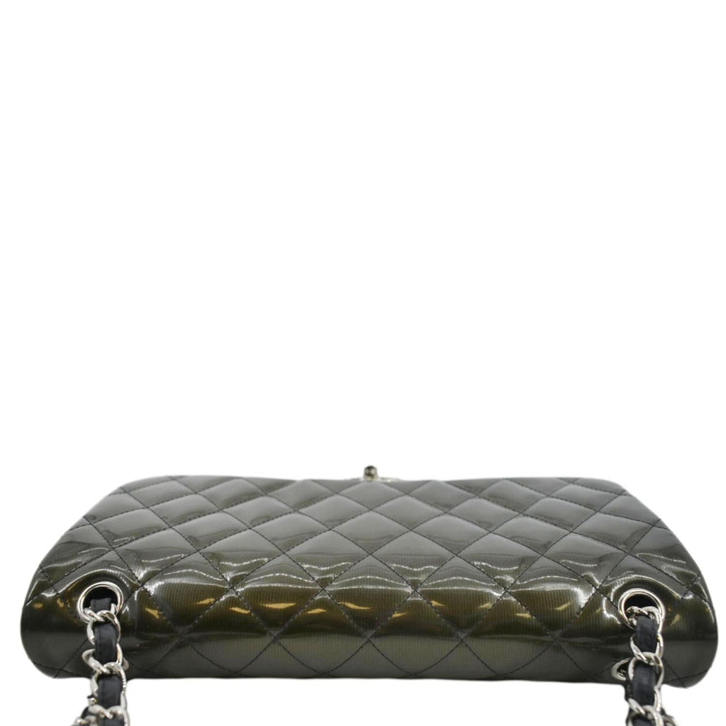 Chanel Jumbo Flap Striated Quilted Patent Leather Shoulder Bag Green