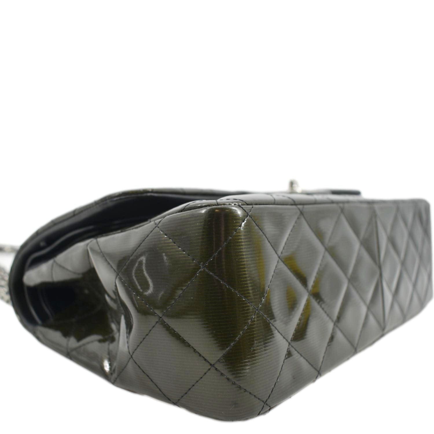 Chanel Jumbo Flap Striated Quilted Patent Leather Shoulder Bag Green