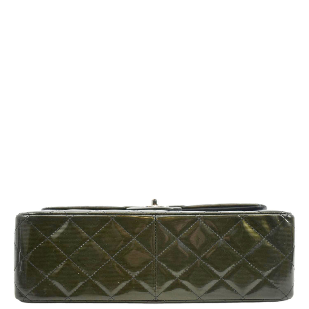 Chanel Jumbo Flap Striated Quilted Patent Leather Shoulder Bag Green