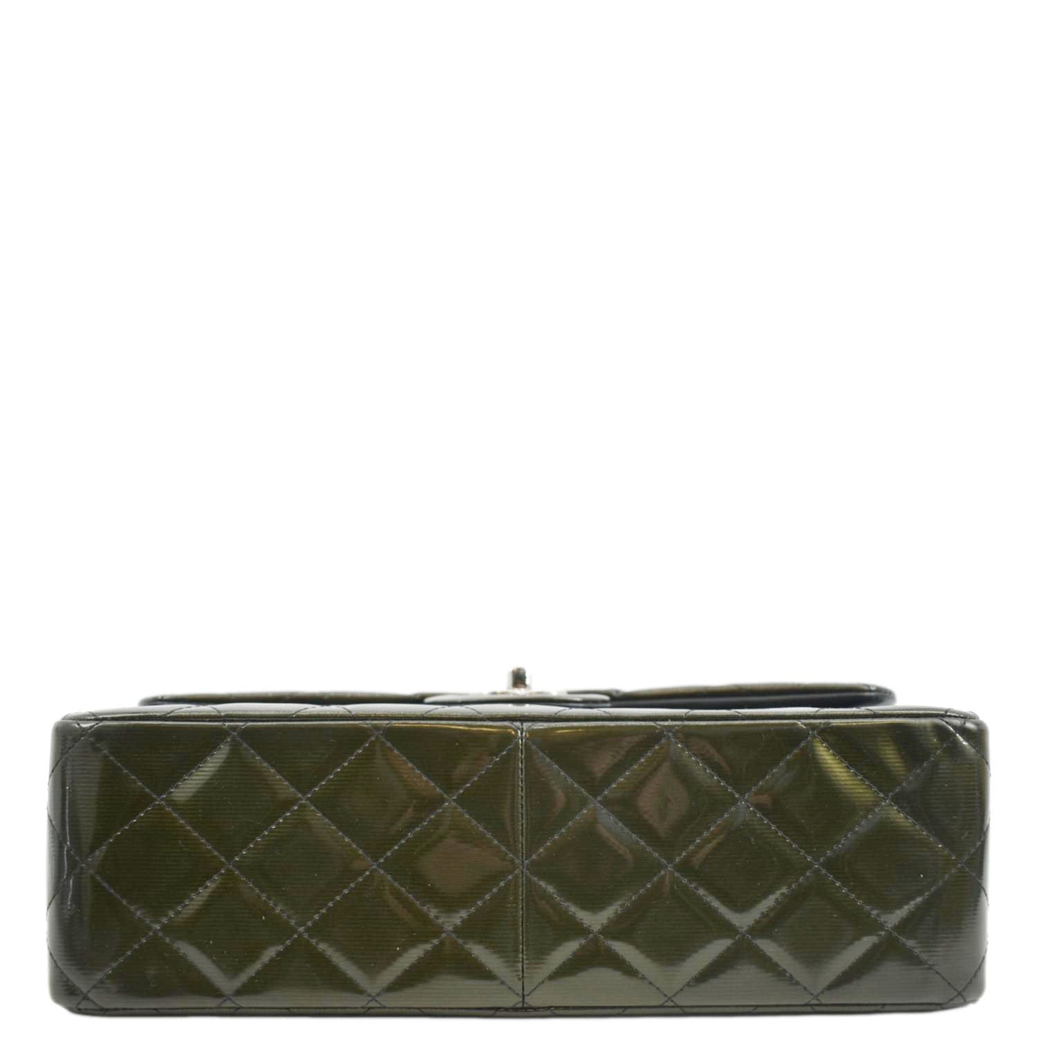 Chanel Jumbo Flap Striated Quilted Patent Leather Shoulder Bag Green