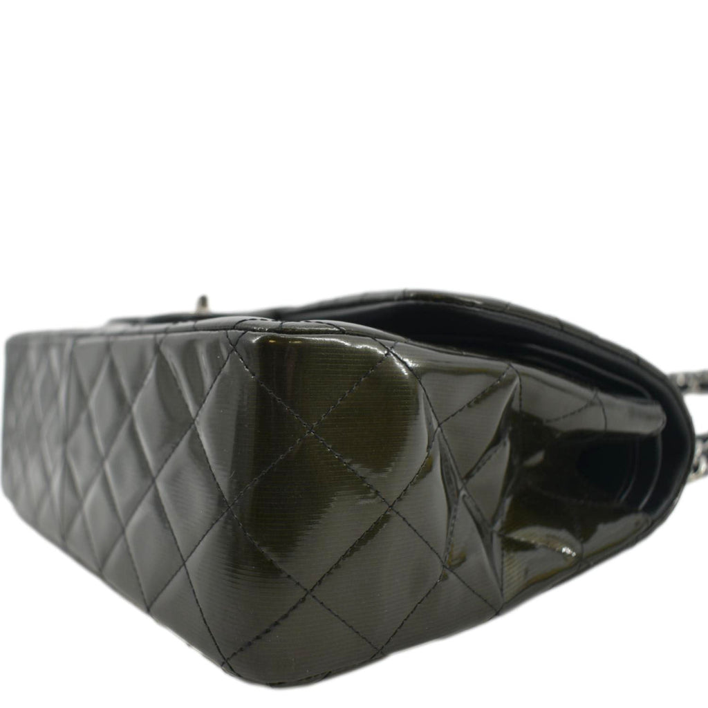 Chanel Jumbo Flap Striated Quilted Patent Leather Shoulder Bag Green