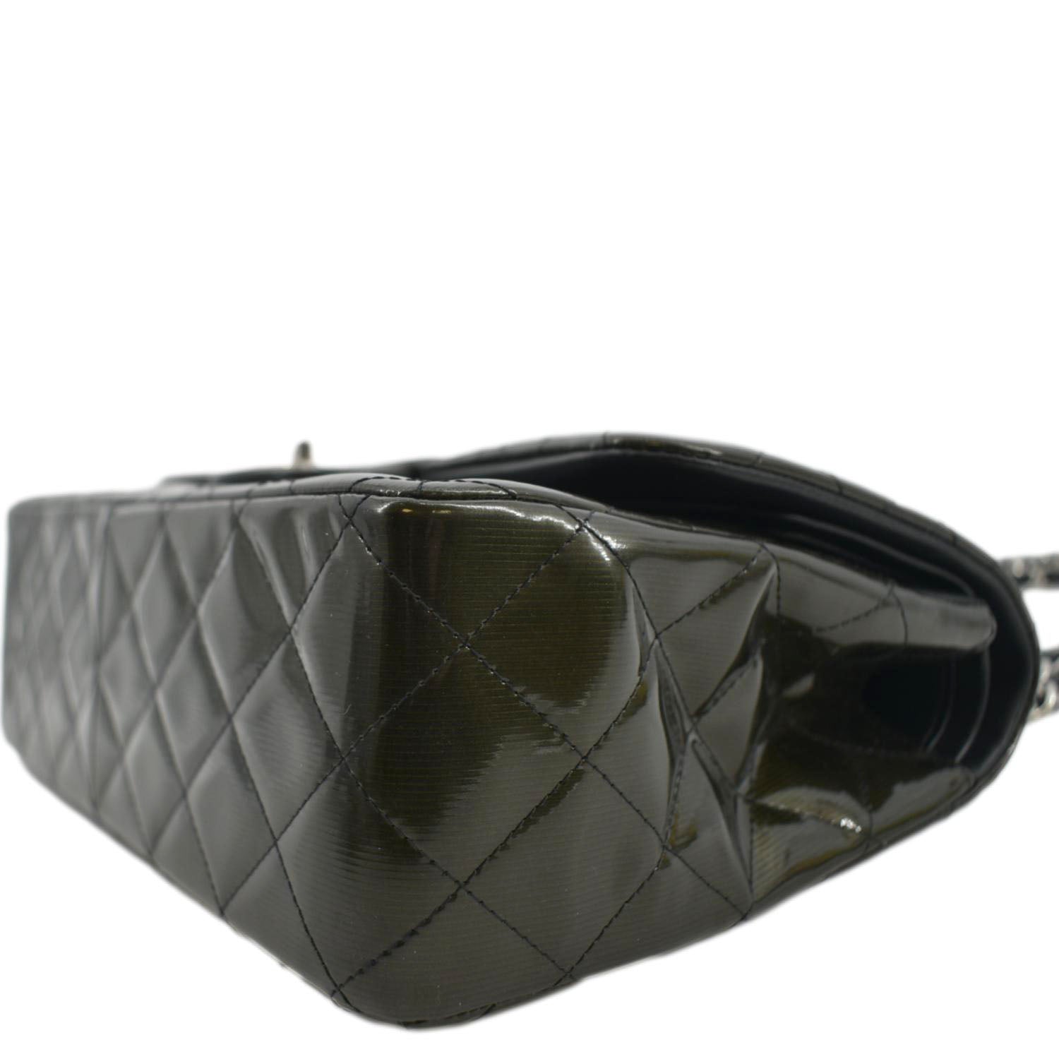 Chanel Jumbo Flap Striated Quilted Patent Leather Shoulder Bag Green