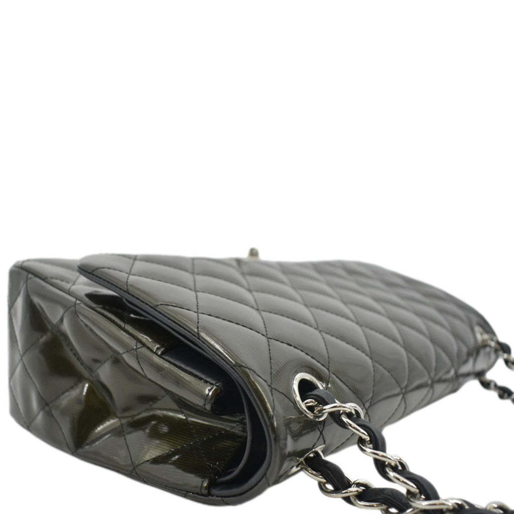 Chanel Jumbo Flap Striated Quilted Patent Leather Shoulder Bag Green