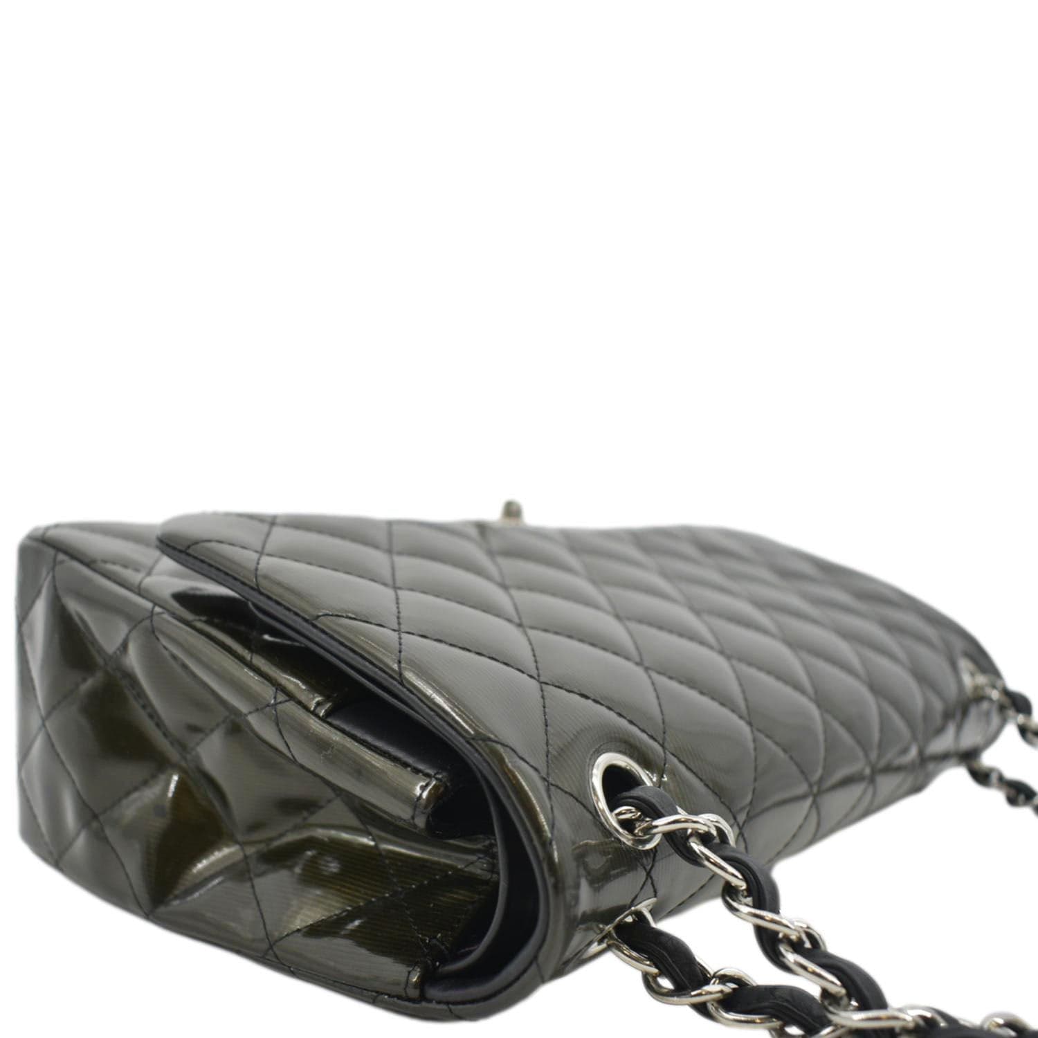 Chanel Jumbo Flap Striated Quilted Patent Leather Shoulder Bag Green
