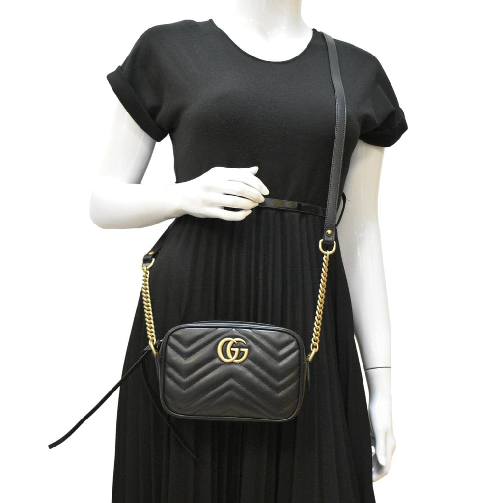 GUCCI Gucci Marmont Mini Calfskin Matelasse Crossbody Camera Bag Black 634785