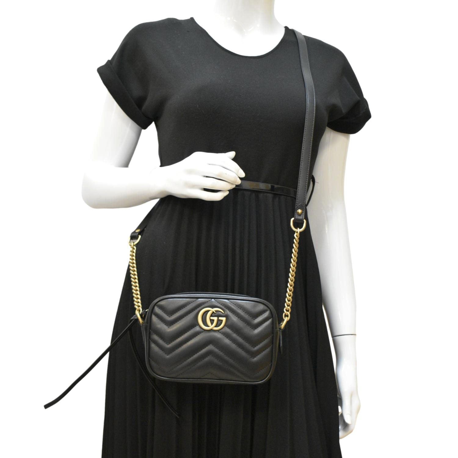 GUCCI Gucci Marmont Mini Calfskin Matelasse Crossbody Camera Bag Black 634785