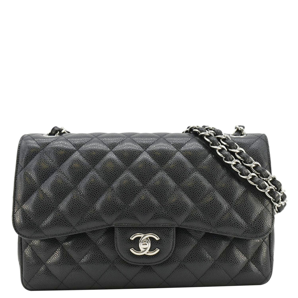 Chanel Classic Jumbo Double Flap Quilted Caviar Leather Shoulder Bag Black