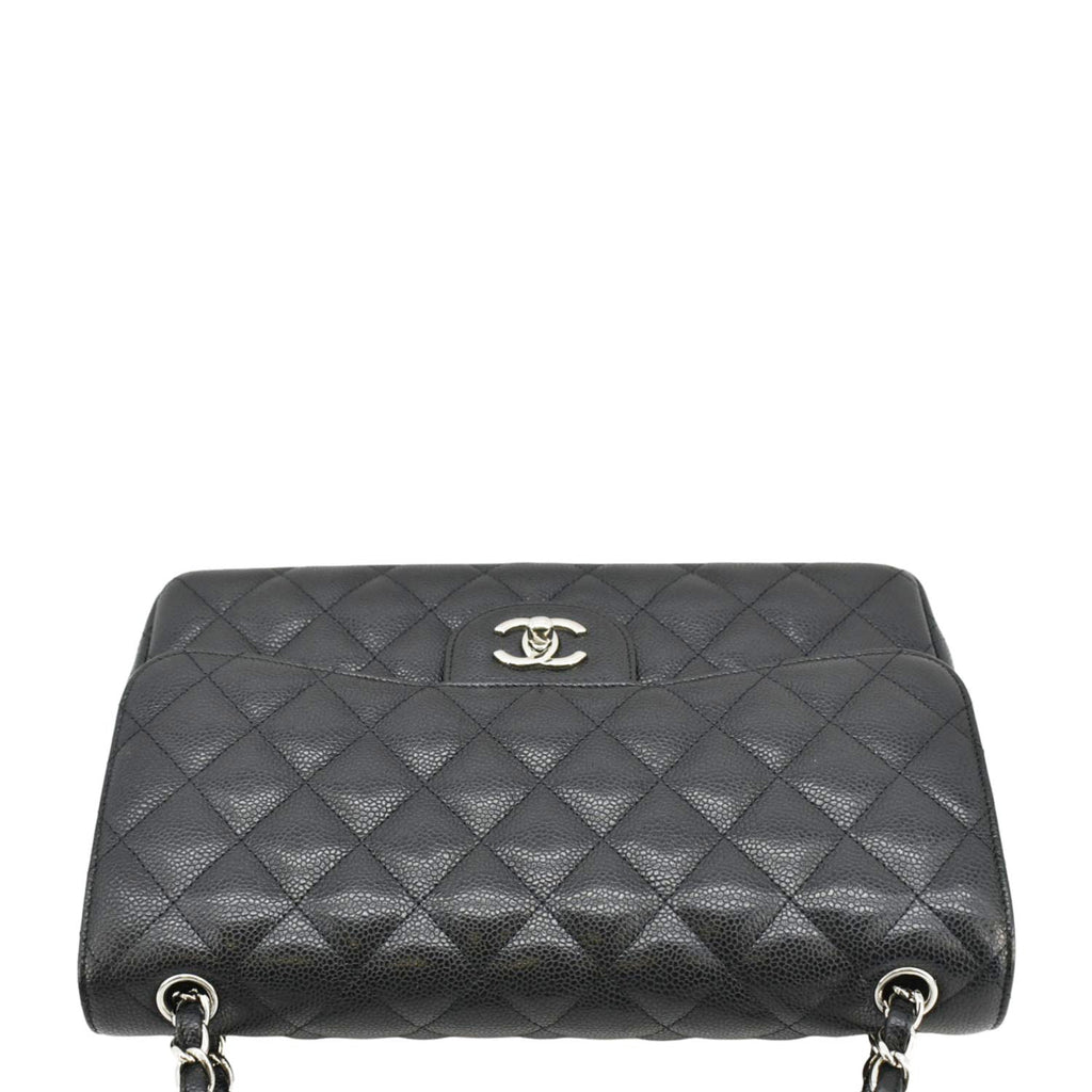 Chanel Classic Jumbo Double Flap Quilted Caviar Leather Shoulder Bag Black