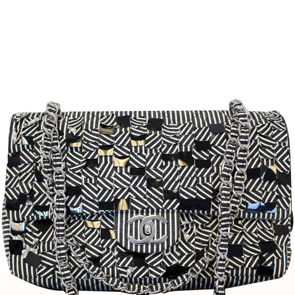 Chanel Black/White Striped Medium Flap Shoulder Bag - Sale