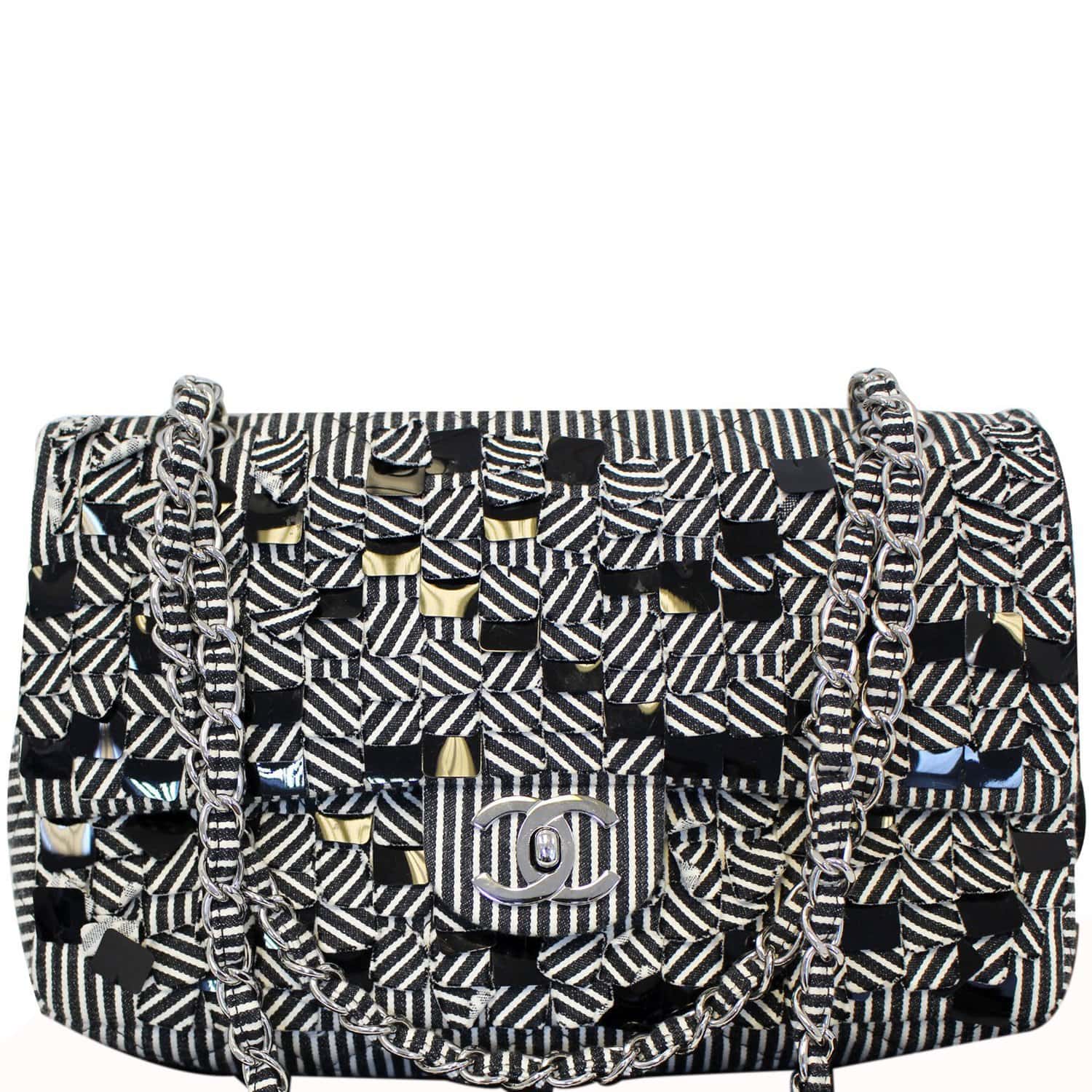 Chanel Black/White Striped Medium Flap Shoulder Bag - Sale