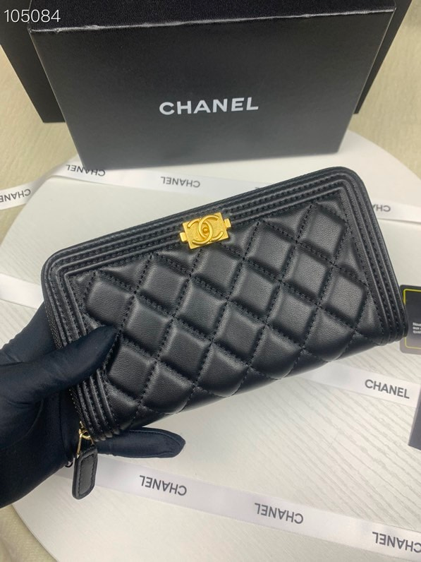 Chanel CHL BOY LONG ZIPPED WALLET WITH GOLD HARDWARE BLACK 19.4CM