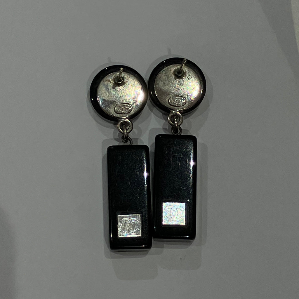 Chanel Piercing Dangle Earrings Silver Black 01P