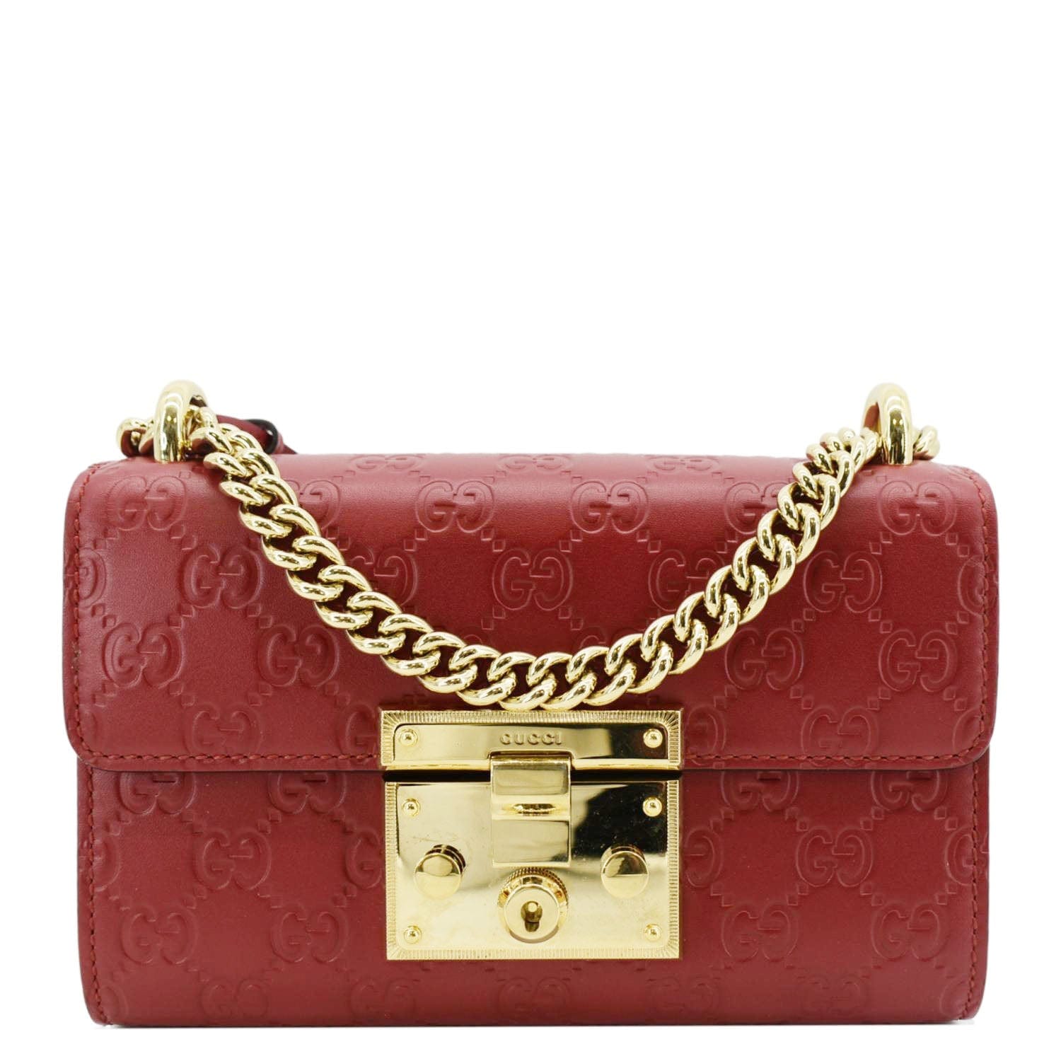 GUCCI Signature Padlock Leather Top Handle Shoulder Bag Red 409487