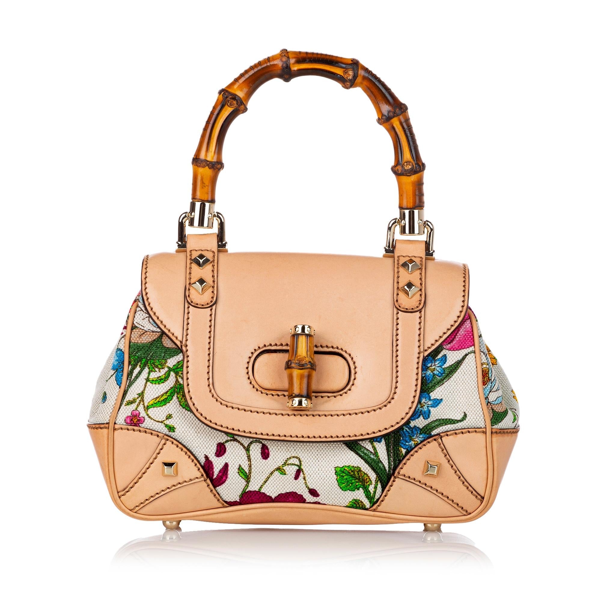 Gucci Bamboo Flora Nailhead Canvas Handbag (SHG-30469)