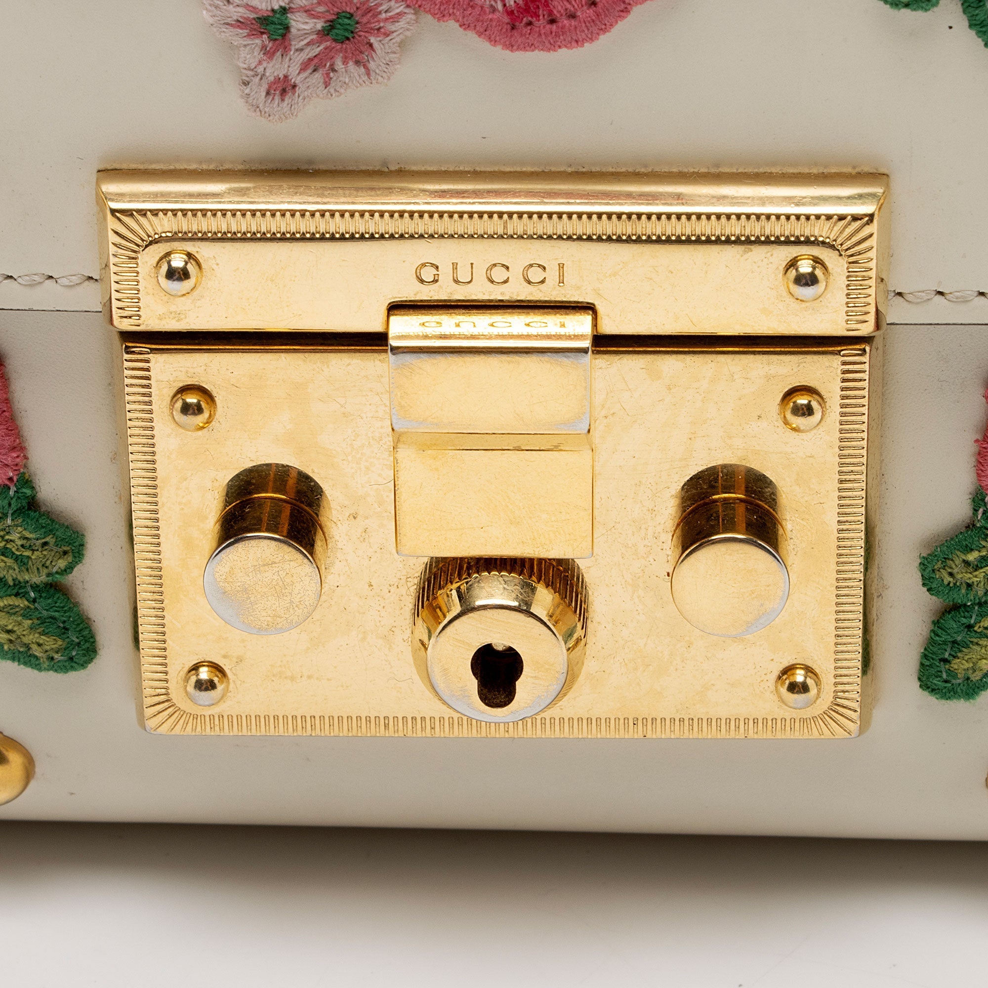 Gucci Calfskin Floral Studded Padlock Small Shoulder Bag (SHF-XfBq3s)