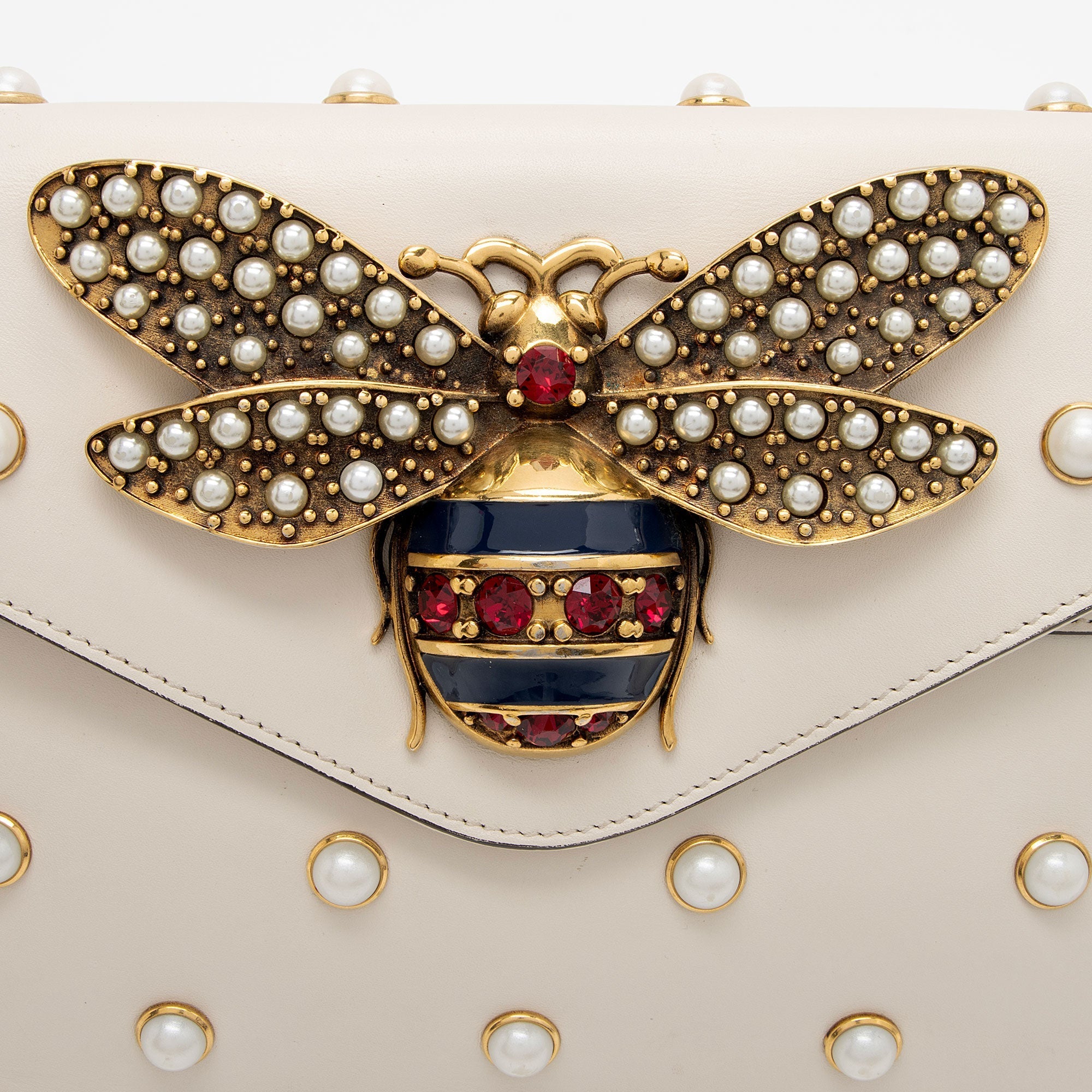 Gucci Calfskin Pearl Bee Broadway Mini Shoulder Bag (SHF-tRht4u)