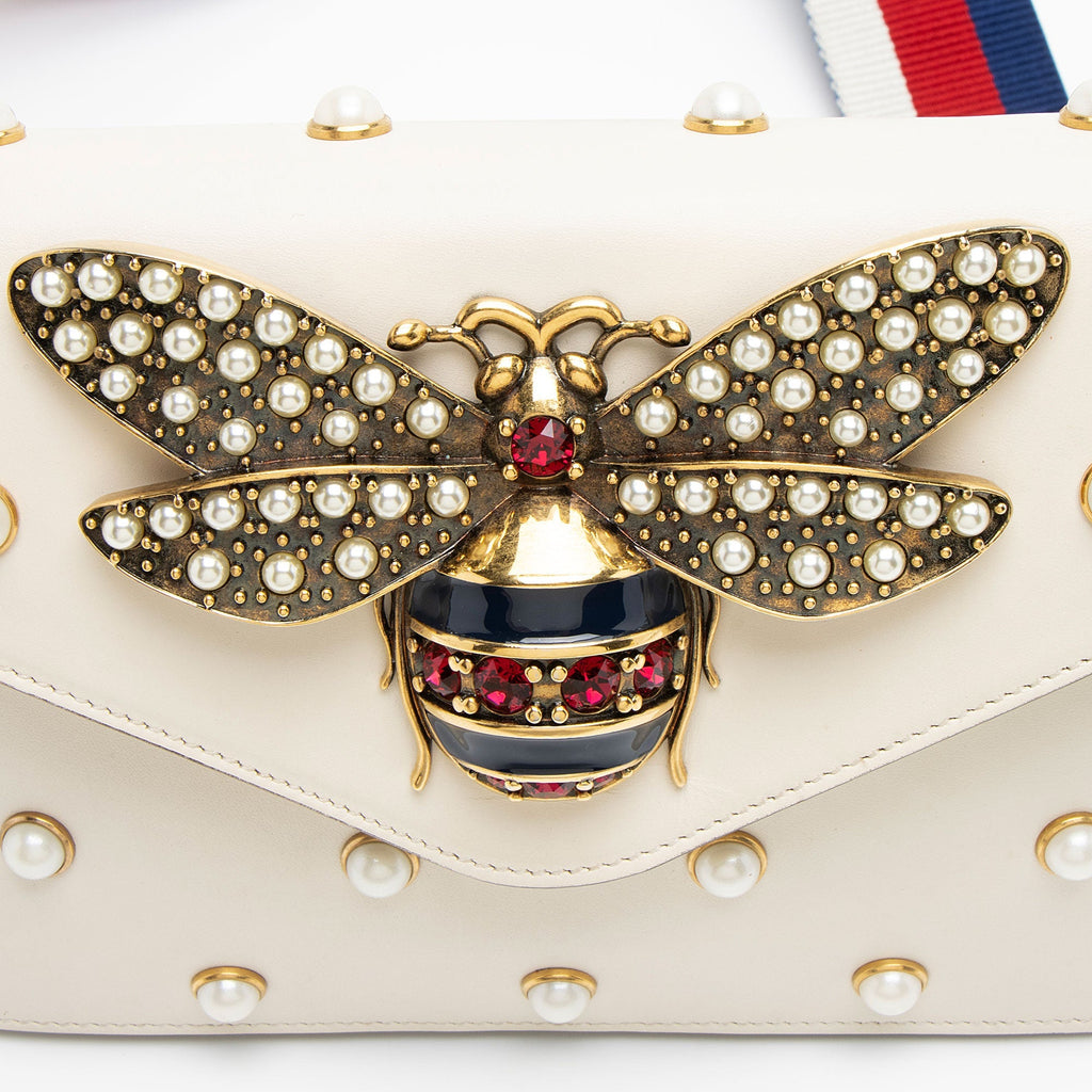 Gucci Calfskin Pearl Bee Broadway Mini Shoulder Bag
