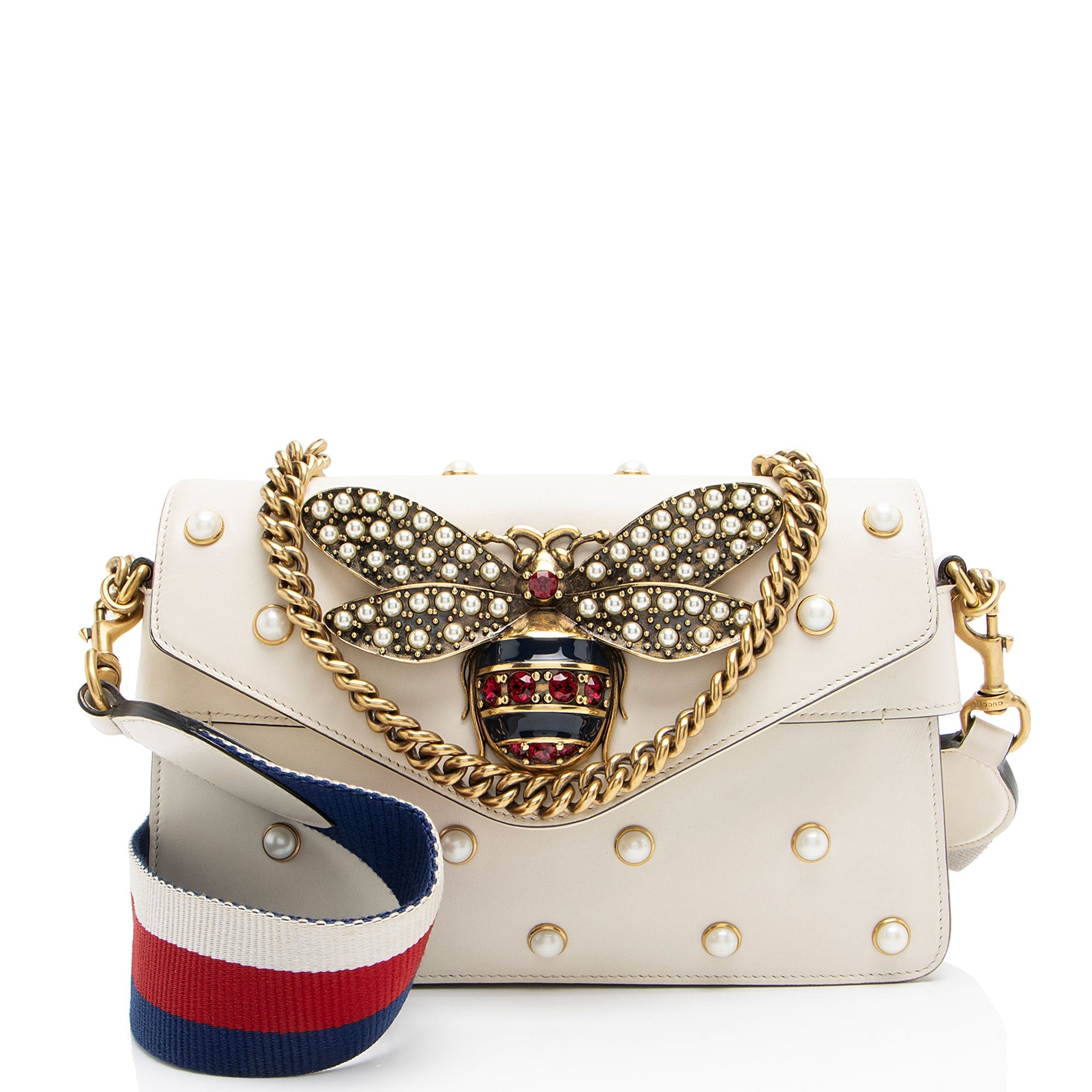 Gucci Calfskin Pearl Bee Broadway Mini Shoulder Bag