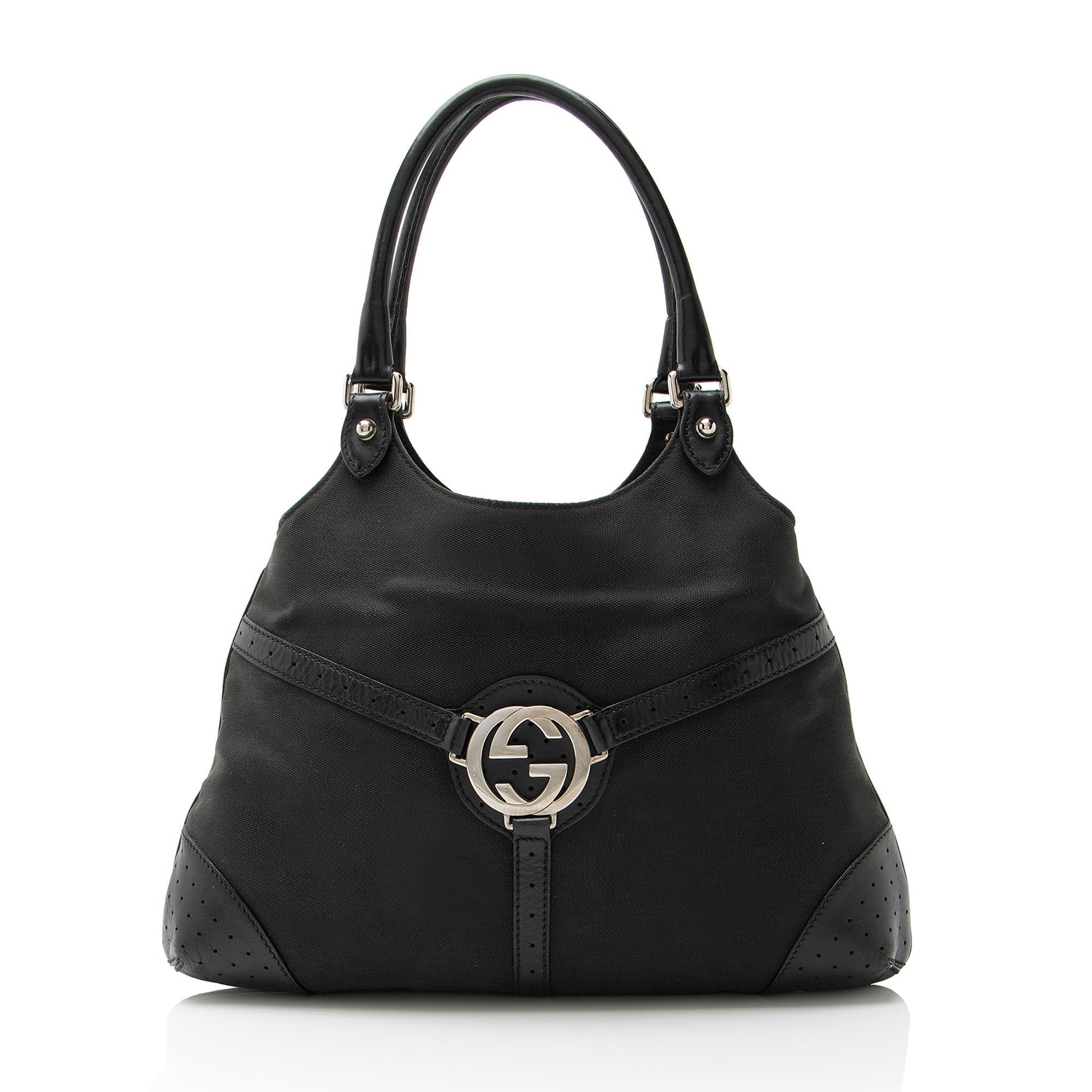 Gucci Canvas Perforated Leather Interlocking G Reins Satchel