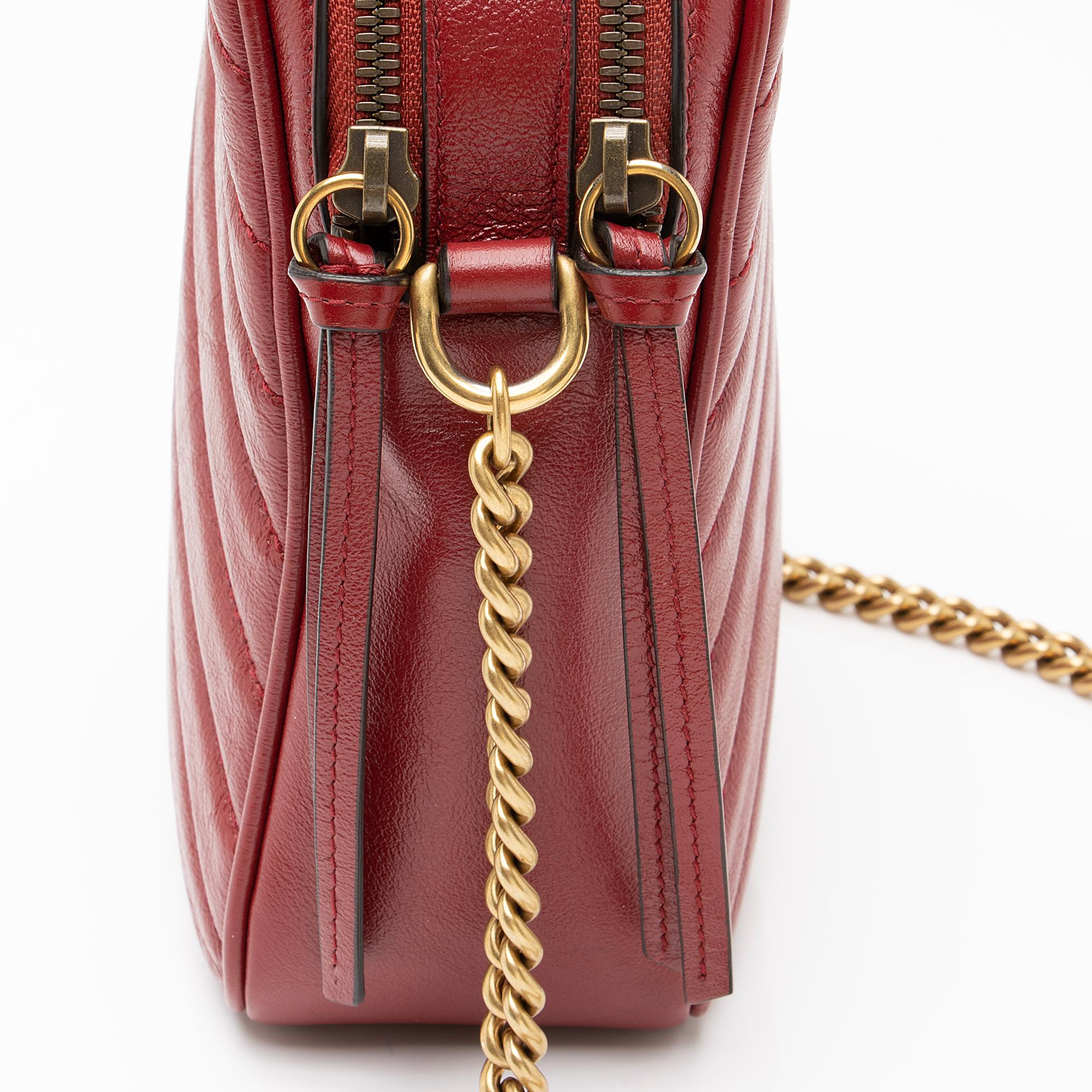 Gucci Diagonal Matelasse Leather GG Marmont Double Zip Mini Camera Bag