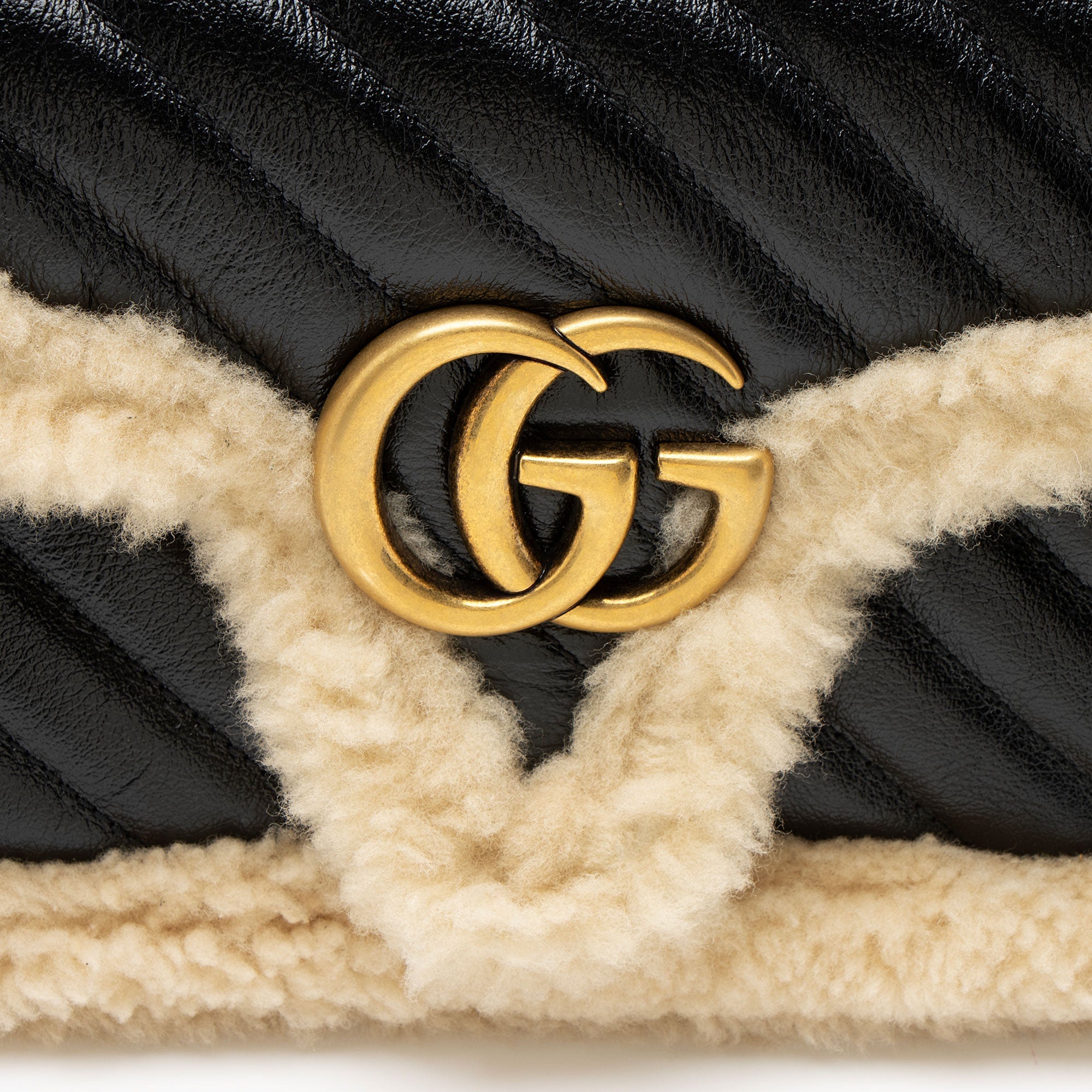 Gucci Diagonal Matelasse Leather Shearling GG Marmont Medium Flap Bag