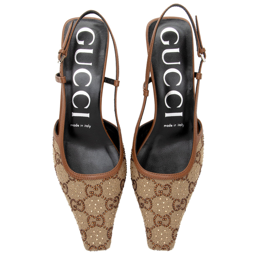 Gucci GG Canvas Crystal Slingback Pumps - Size 6.5 / 36.5 (SHF-dfhaWv)