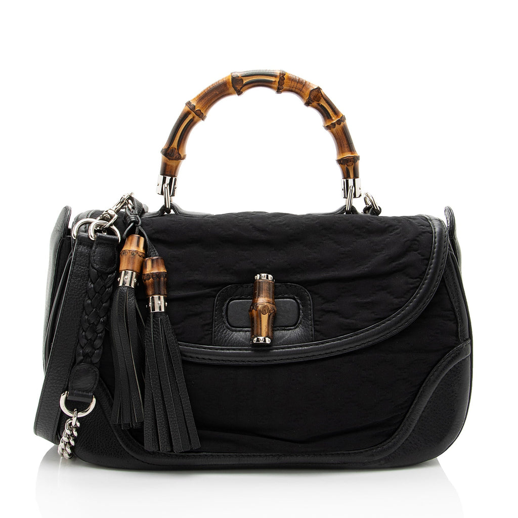 Gucci GG Embossed Neoprene Leather Bamboo Tassel Large Top Handle