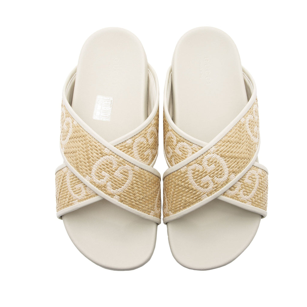 Gucci GG Raffia Leather Crisscross Slides - Size 9 / 39 (SHF-LVhJEw)