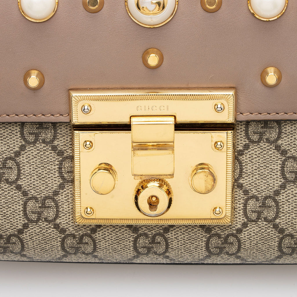 Gucci GG Supreme Pearl Stud Padlock Small Shoulder Bag