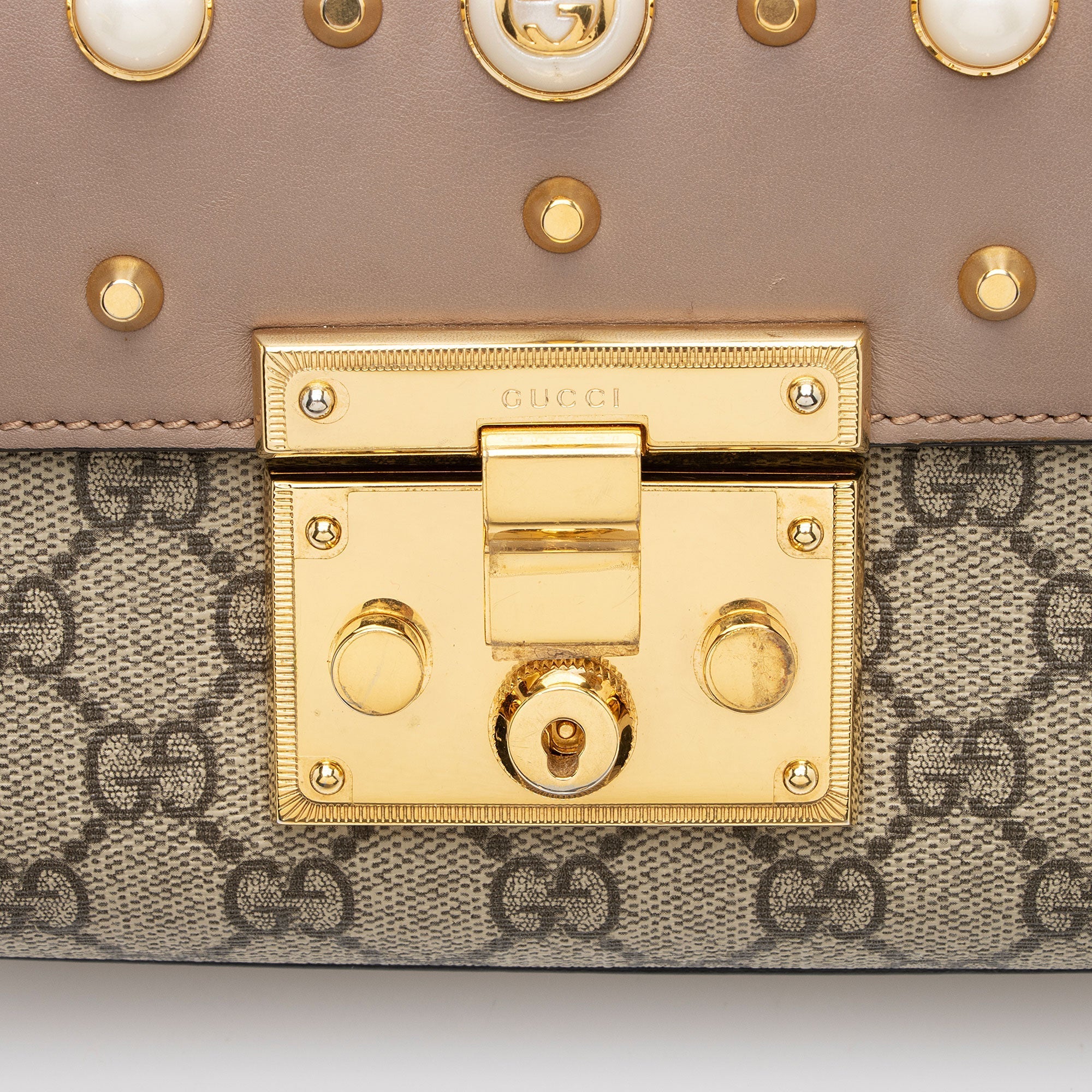 Gucci GG Supreme Pearl Stud Padlock Small Shoulder Bag