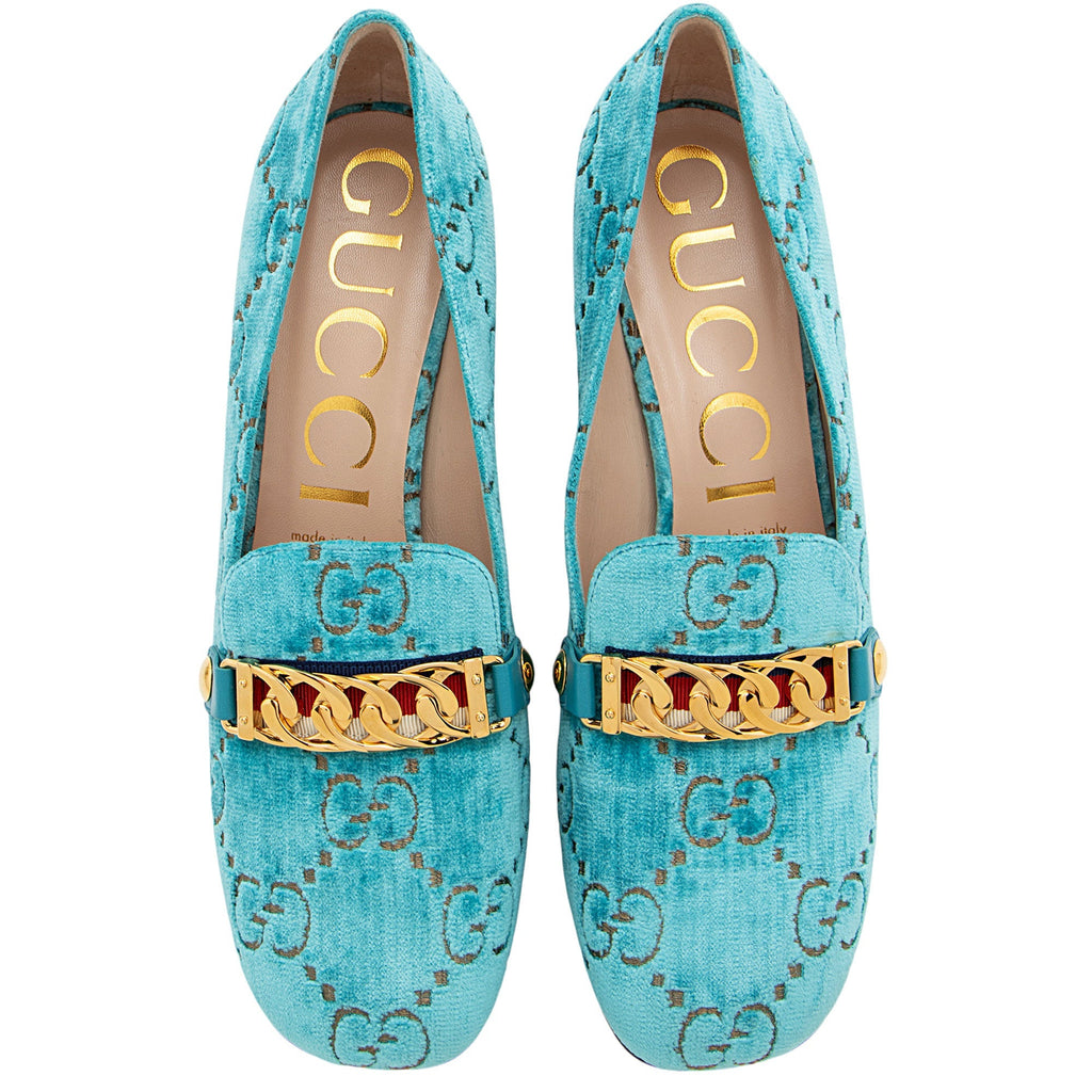 Gucci GG Velvet Web Chain Sylvie Loafers - Size 9 / 39 (SHF-UGunUB)