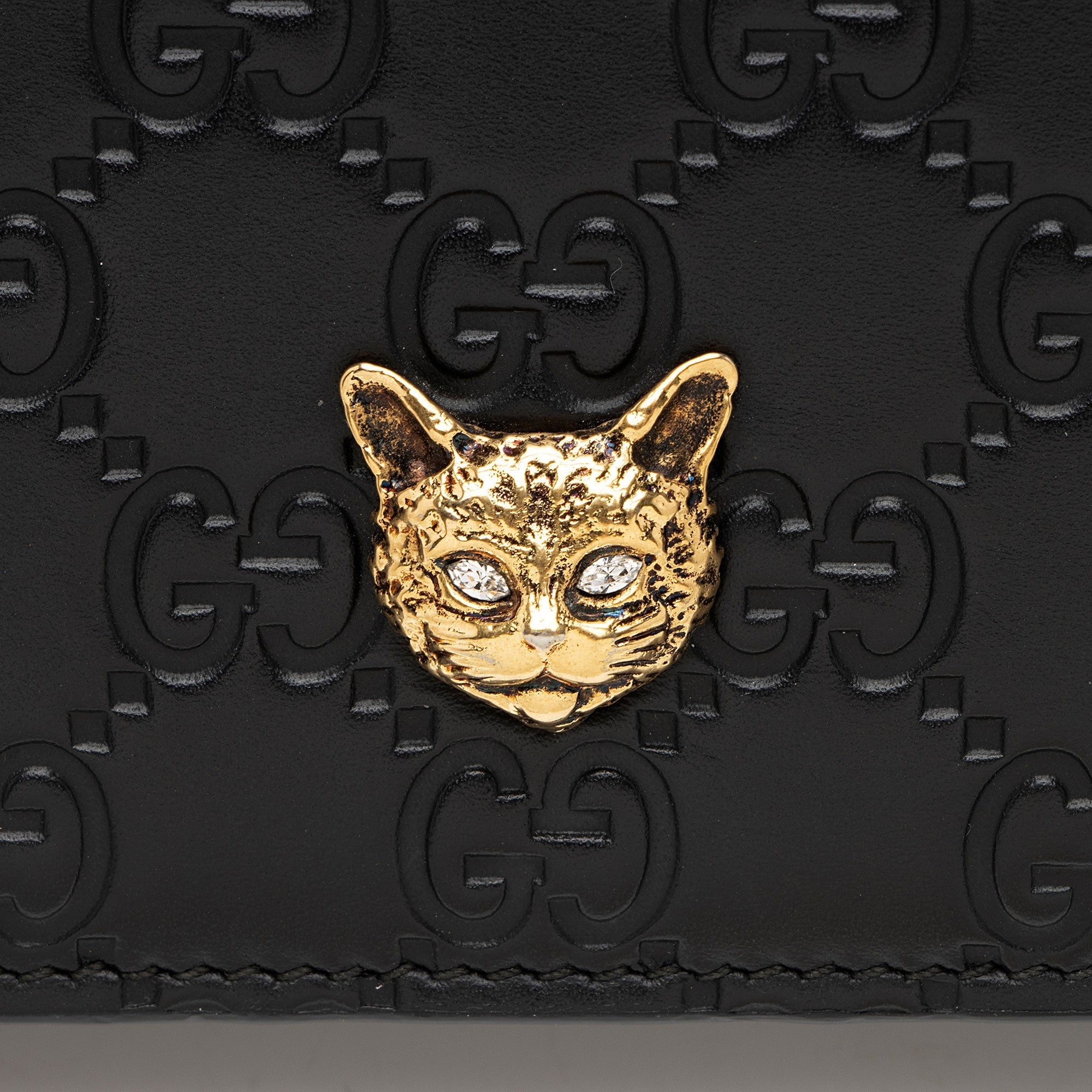 Gucci Guccissima Leather Crystal Cat Wallet on Chain