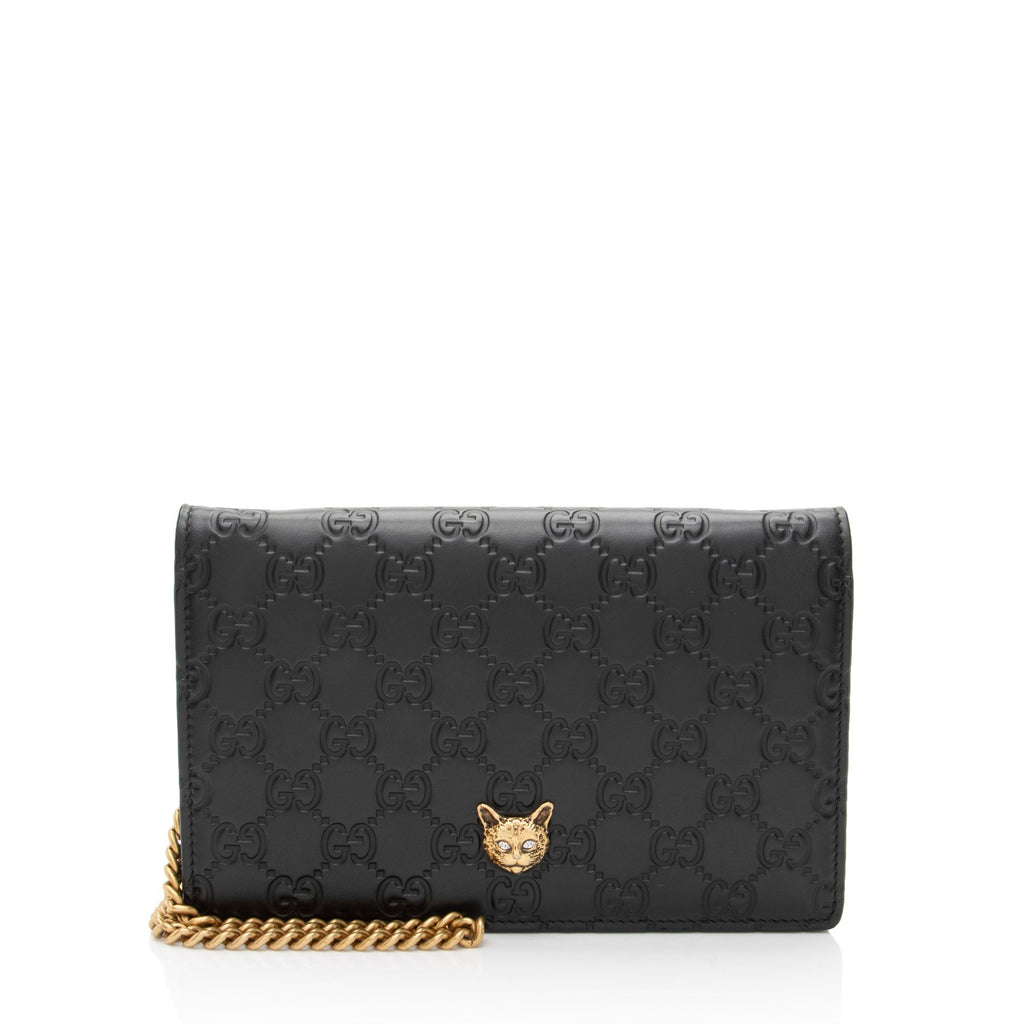 Gucci Guccissima Leather Crystal Cat Wallet on Chain